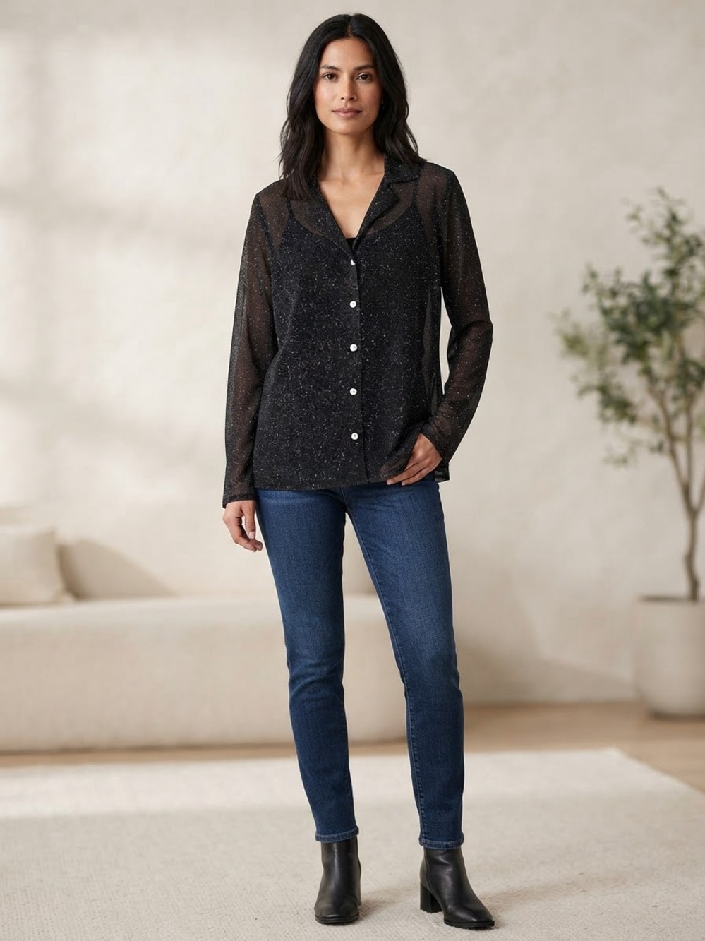 Time and Tru Black Metallic Shimmer Sheer Button Down Long Sleeve Top Sz L 12-14